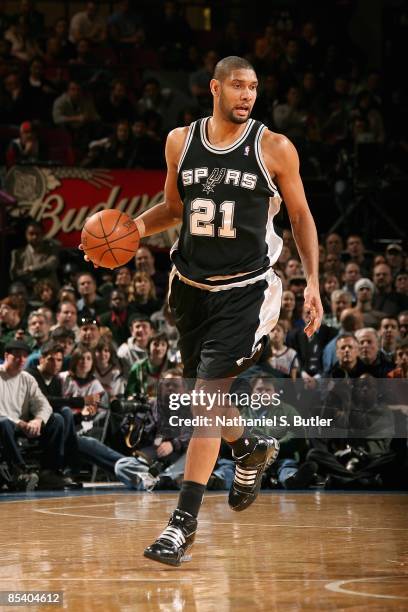 Tim Duncan of the San Antonio Spurs drives the ball up court during the game against the New York Knicks on February 17, 2009 at Madison Square...
