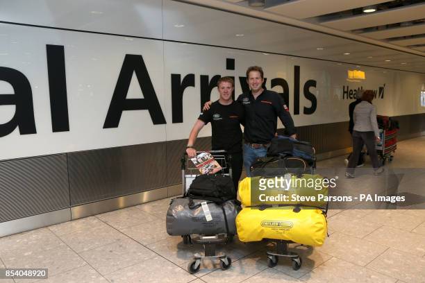 Major Matt O&Otilde;Hare and Corporal Phillip &Ocirc;Barney&Otilde; Gillespie as the Race2Recovery team return to Terminal 5 at Heathrow Airport,...