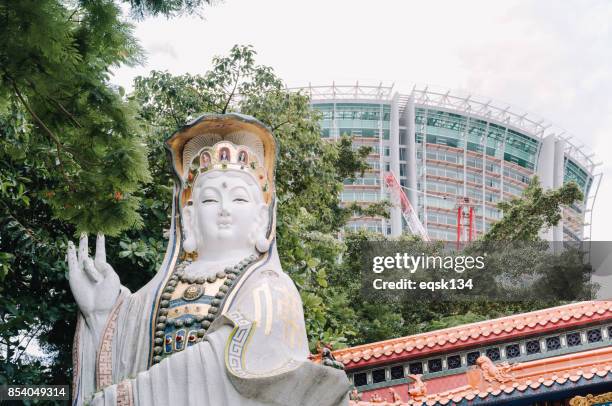 guanyin statue with the huge building. - buddhist goddess stock pictures, royalty-free photos & images