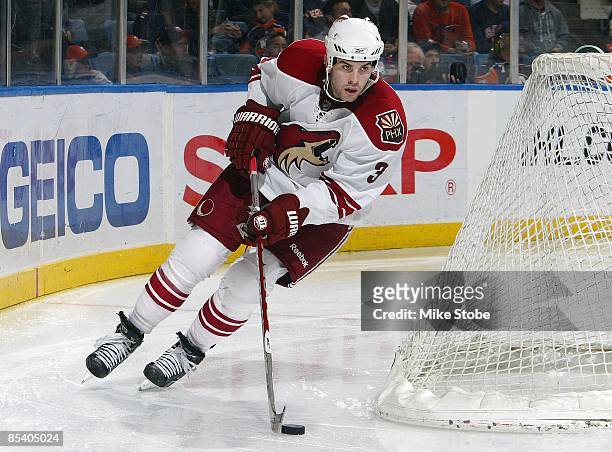 Keith Yandle of the Phoenix Coyotes skates against the New York Islanders on March 8, 2009 at Nassau Coliseum in Uniondale, New York. Islanders...