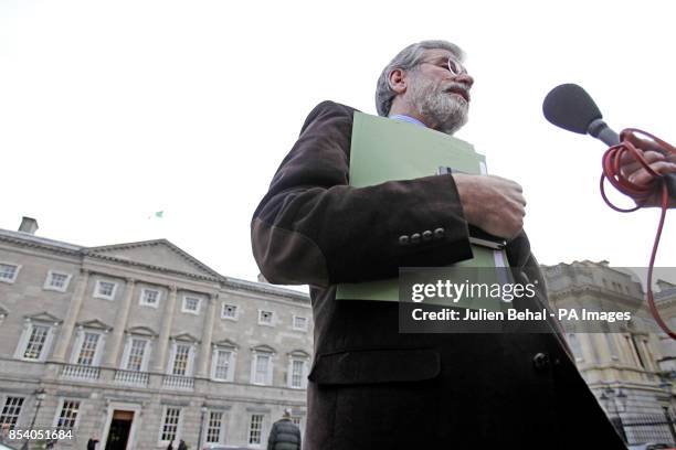 Sinn Fein president Gerry Adams on the plinth of Leinster House, Dublin, speaking to journalists on the death of veteran Republican Dolours Price at...