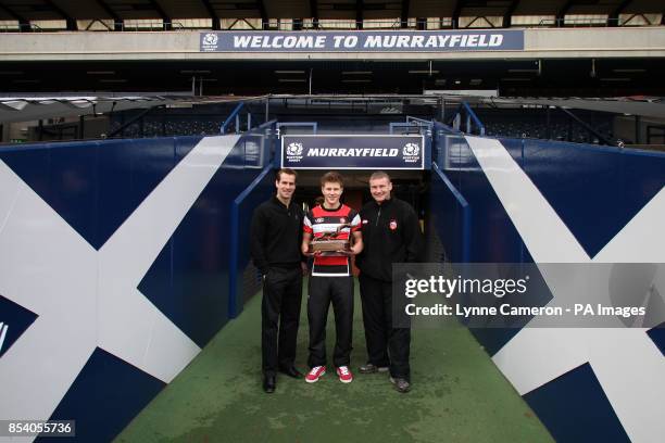 Scotland's Chris Paterson with Stirling County player Archie Russell and Mallin Browne during the photocall at Murrayfield, Edinburgh.