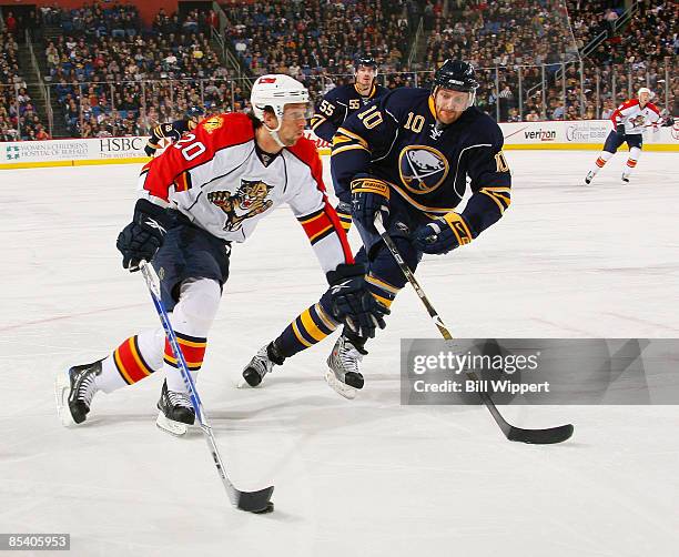 Richard Zednik of the Florida Panthers controls the puck in front of Henrik Tallinder of the Buffalo Sabres on March 12, 2009 at HSBC Arena in...