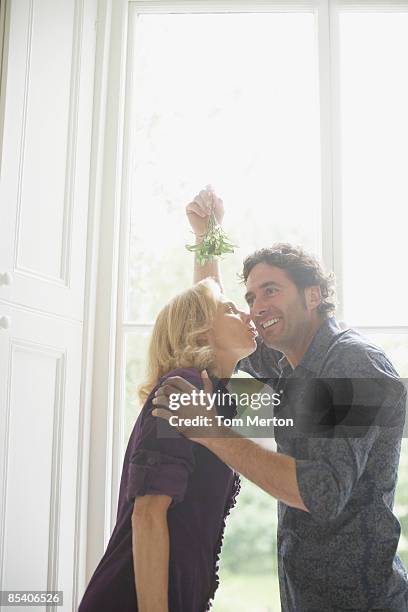 couple kissing underneath mistletoe - tom chance stock pictures, royalty-free photos & images