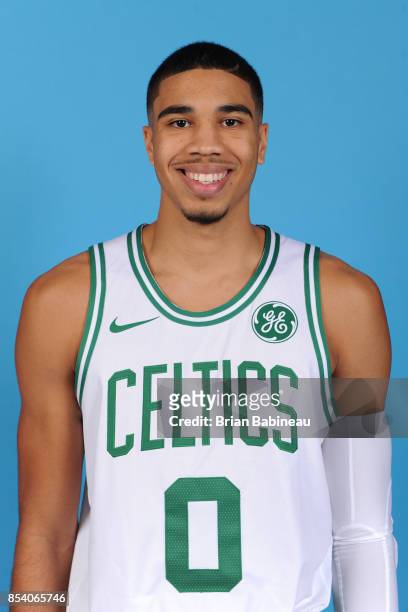 Jayson Tatum of the Boston Celtics poses for a head shot during media day at TD Garden in Boston, Massachusetts on September 25, 2017. NOTE TO USER:...