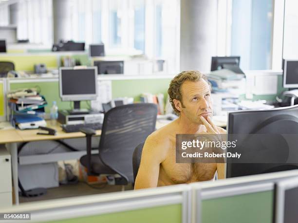 nude businessman sitting at desk - birthday suit stock pictures, royalty-free photos & images