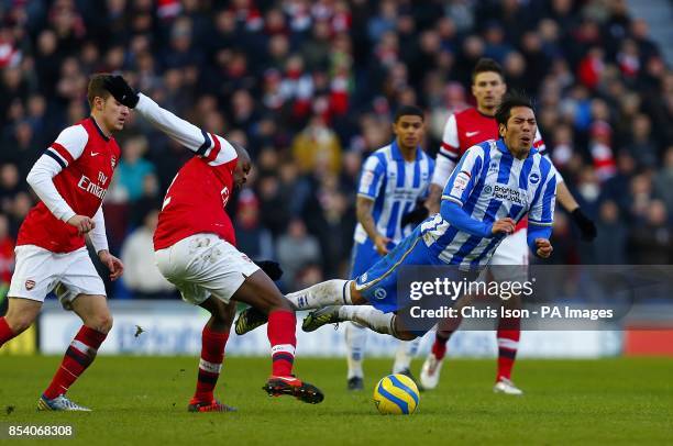 Brighton & Hove Albion's Jose Ulloa goes down under the challenge from Arsenal's Vassiriki Diaby