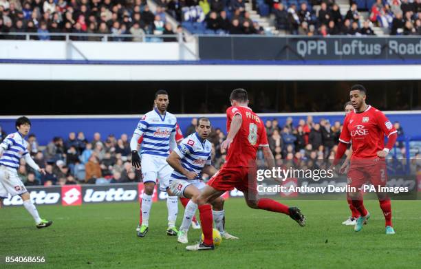 Dons' Darren Potter scores the fourth goal during the FA Cup Fourth Round match at Loftus Road, London.