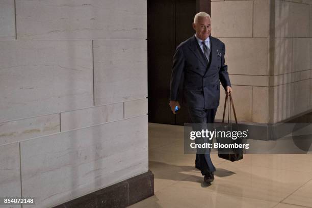 Roger Stone, former adviser to Donald Trump's presidential campaign, arrives to a closed-door House Intelligence Committee hearing on Capitol Hill in...