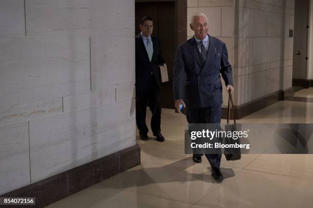 Roger Stone, former adviser to Donald Trump's presidential campaign, arrives to a closed-door House Intelligence Committee hearing on Capitol Hill in...