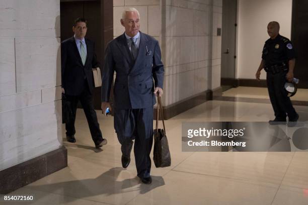 Roger Stone, former adviser to Donald Trump's presidential campaign, arrives to a closed-door House Intelligence Committee hearing on Capitol Hill in...