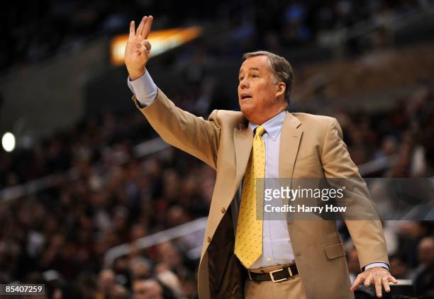 Head coach of the California Golden Bears, Mike Montgomery signals to his team during their game against the USC Trojans in the Pacific Life Pac-10...