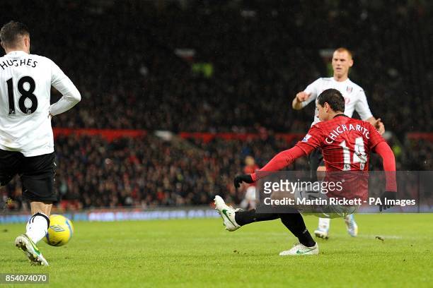 Manchester United's Javier Hernandez scores their fourth goal of the game