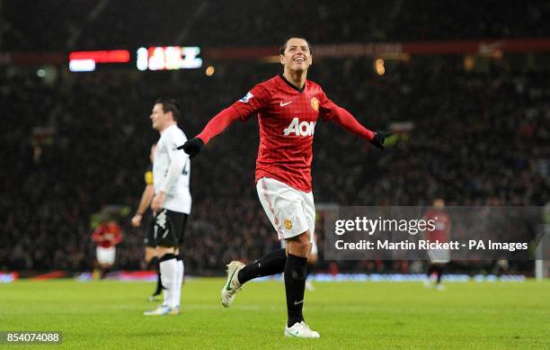 Manchester United's Javier Hernandez celebrates scoring their fourth goal of the game