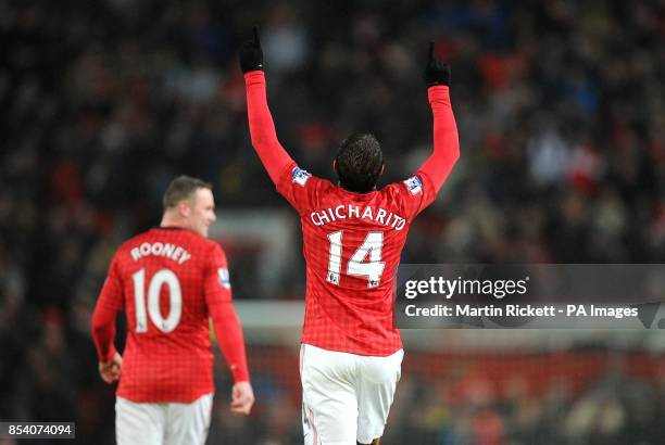 Manchester United's Javier Hernandez celebrates scoring their fourth goal of the game