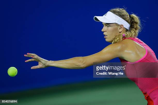 Caroline Wozniacki of Denmark reacts during the match against Maria Sakkari of Greece on Day 3 of 2017 Dongfeng Motor Wuhan Open at Optics Valley...