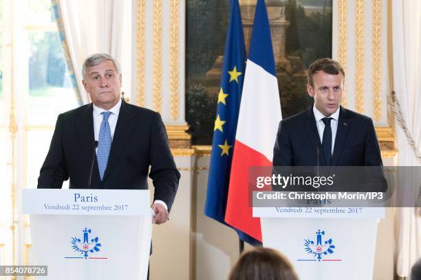 French President Emmanuel Macron and President of the European Parliament Antonio Tajani deliver a speech at the Elysee Palace on September 22, 2017...