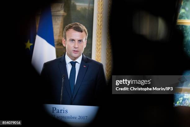 French President Emmanuel Macron and President of the European Parliament Antonio Tajani deliver a speech at the Elysee Palace on September 22, 2017...