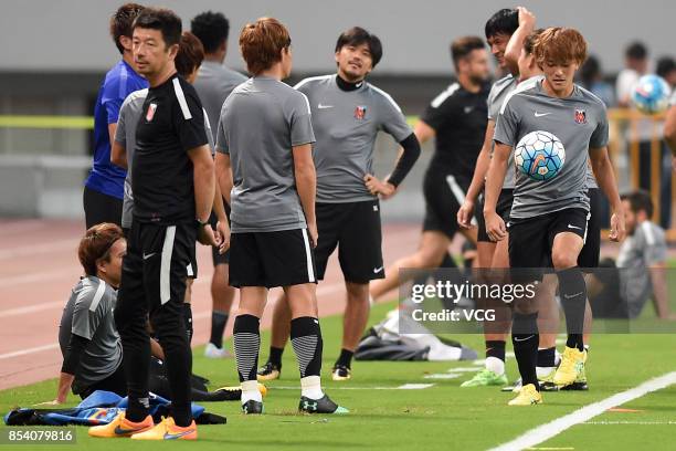 Players of Urawa Red Diamonds attend a training session ahead of 2017 AFC Champions League semifinal first leg match between Shanghai SIPG and Urawa...