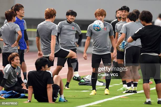 Players of Urawa Red Diamonds attend a training session ahead of 2017 AFC Champions League semifinal first leg match between Shanghai SIPG and Urawa...