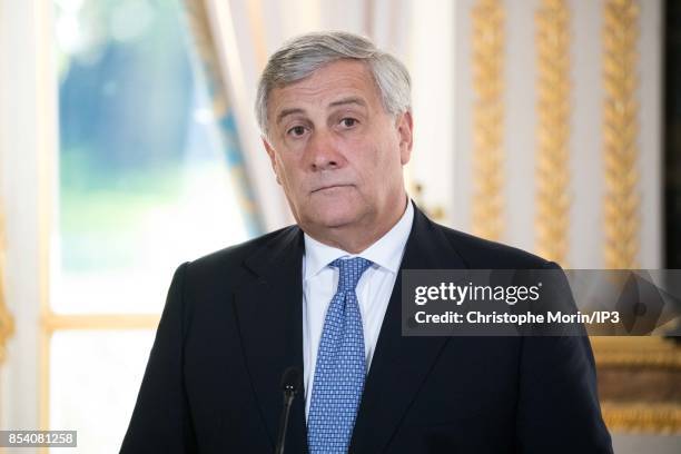 French President Emmanuel Macron and President of the European Parliament Antonio Tajani deliver a speech at the Elysee Palace on September 22, 2017...