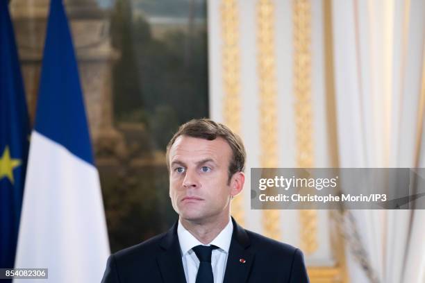 French President Emmanuel Macron and President of the European Parliament Antonio Tajani deliver a speech at the Elysee Palace on September 22, 2017...