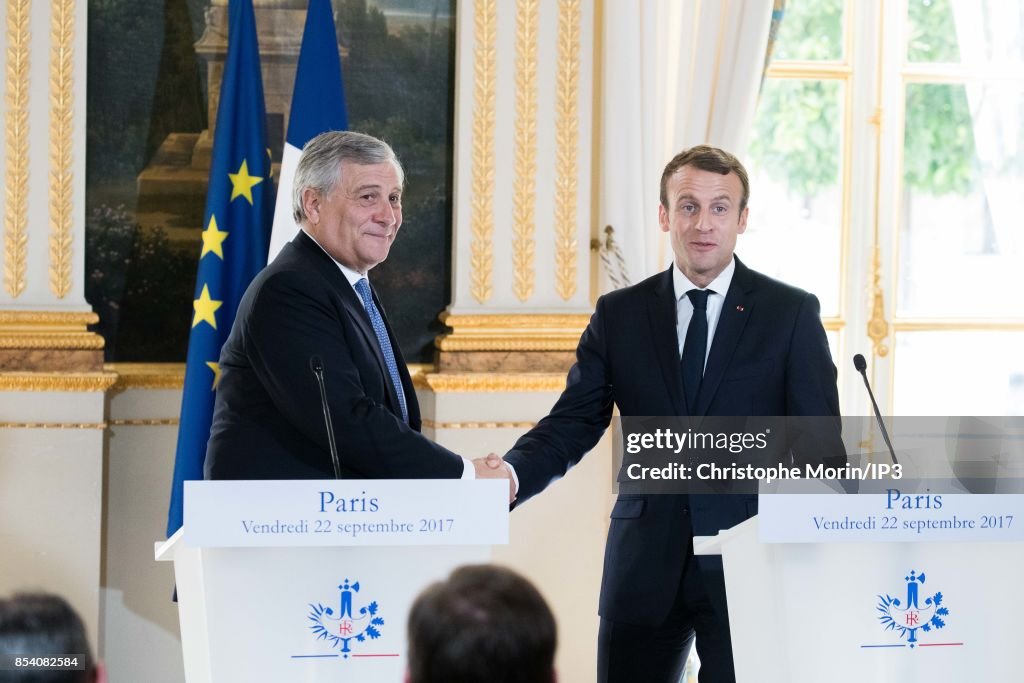 France President Emmanuel Macron Receives Antonio Tajani At ELysee Palace