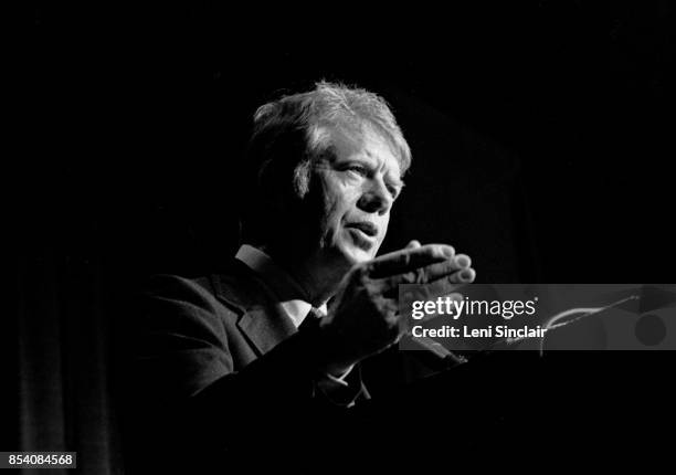 Presidential candidate Jimmy Carter speaking at a campaign rally at Cobo Hall in Detroit in 1976