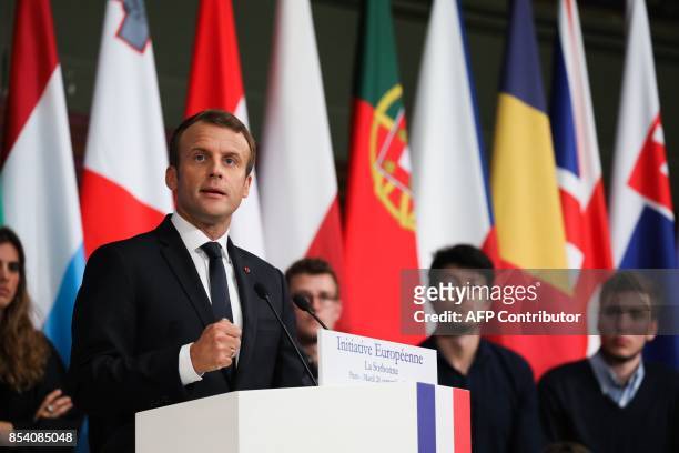 French President Emmanuel Macron delivers a speech on the European Union at the amphitheater of the Sorbonne University on September 26, 2017 in...