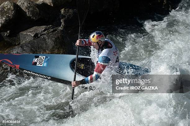 English Clarke Joseph competes during the team event of the ICF Canoe Slalom and wildwater World Championships, on September 26, 2017 in Pau,...