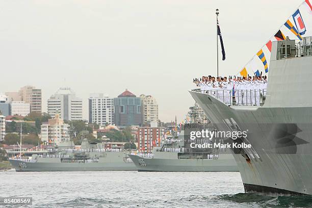 Sailor on deck prepare to greet The Governor of NSW, Marie Bashir with three cheers during a ceremonial exercise involving The Royal Australian...