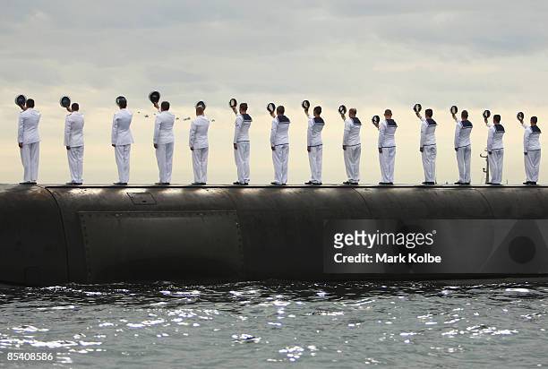 Crew from the HMAS Collins greet The Governor of NSW, Marie Bashir with three cheers during a ceremonial exercise involving The Royal Australian...