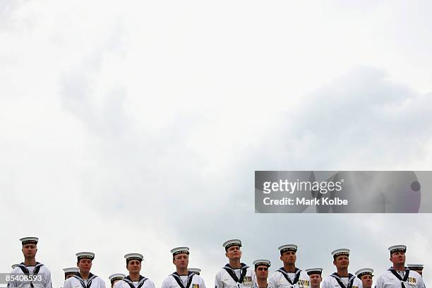 Sailors on deck prepare to greet The Governor of NSW, Marie Bashir with three cheers during a ceremonial exercise involving The Royal Australian...