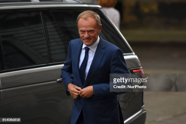 British Prime Minister Theresa May greets President of the European Council, Donald Tusk in Downing Street, London on September 26, 2017. Theresa May...