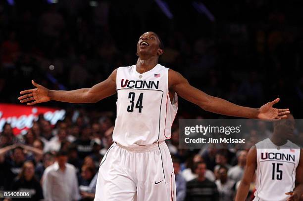 Hasheem Thabeet of the Connecticut Huskies reacts between plays against the Syracuse Orange during the quarterfinals of the Big East Tournament at...