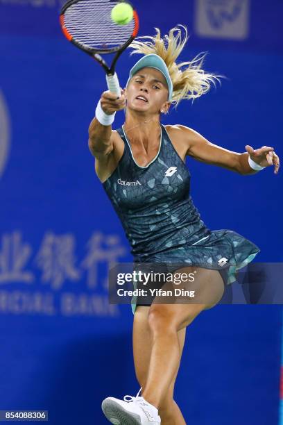 Lesia Tsurenko of Ukraine plays a forehand during the second round Ladies Singles match against Garbine Muguruza of Spain on Day 3 of 2017 Dongfeng...