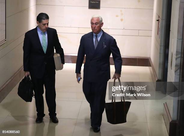 Roger Stone, former advisor to President Trump arrives to appear before the House Intelligence Committee, September 26, 2017 in Washington, DC. The...