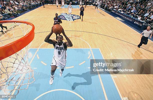 Ronnie Brewer of the Utah Jazz takes the ball to the basket against the Atlanta Hawks during the game at EnergySolutions Arena on February 23, 2009...