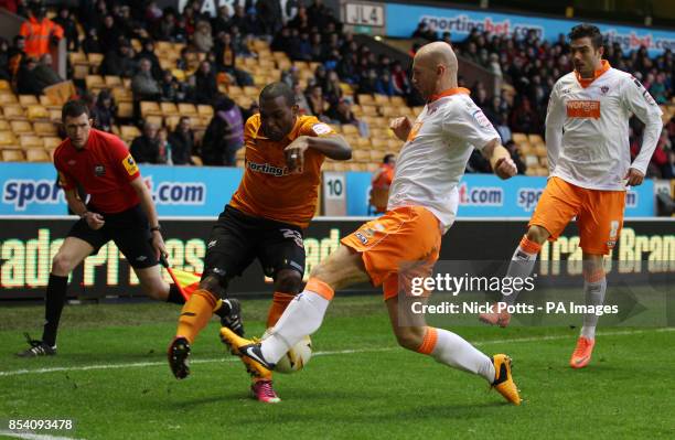 Blackpool's Stephen Crainey blocks a cross from and Wolverhampton Wanderers Sylvan Ebanks-Blake