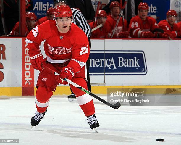 Jiri Hudler of the Detroit Red Wings makes skates to the puck during a NHL game against the Columbus Blue Jackets on March 7, 2009 at Joe Louis Arena...