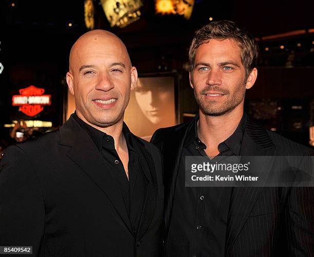 Actors Vin Diesel and Paul Walker arrive at the premiere Universal's "Fast & Furious" held at Universal CityWalk Theaters on March 12, 2009 in...