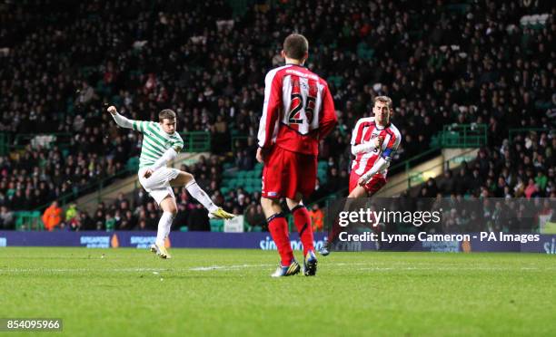 Celtic's Adam Matthews scores his second goal during the Clydesdale Bank Scottish Premier League match at Celtic Park, Glasgow.