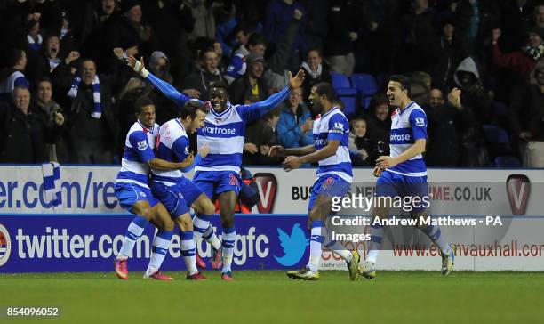 Reading's Adam Le Fondre celebrates with his team mates after he scores their side's second goal of the game during the Barclays Premier League match...
