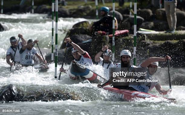 France's Klauss Gauthier / Peche Matthieu , Nicolas Scianimanico / Hugo Cailhol and Pierre Picco / Hugo Biso compete during the Canoe Double Men...