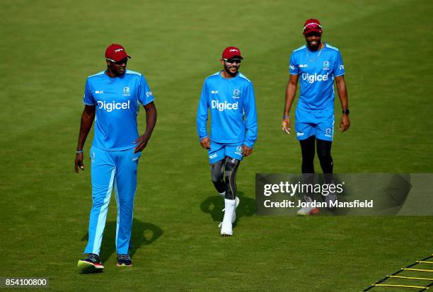 Jason Holder, Devendra Bishoo and Kyle Hope of the West Indies speaks to the press during the England & West Indies Nets Session at The Kia Oval on...