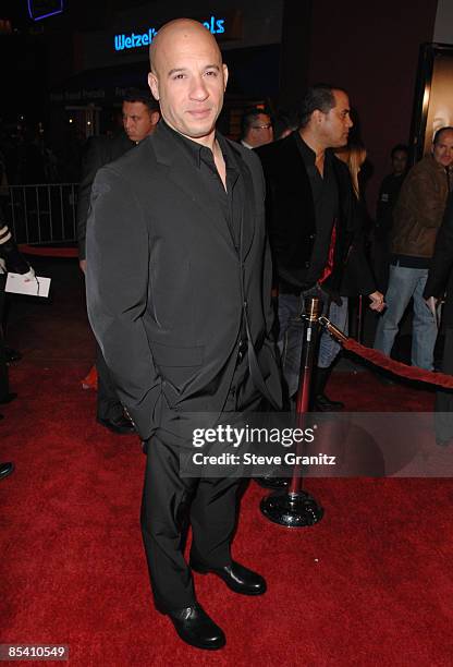 Vin Diesel arrives at the Los Angeles premiere of "Fast & Furious" at the Gibson Amphitheatre on March 12, 2009 in Universal City, California.