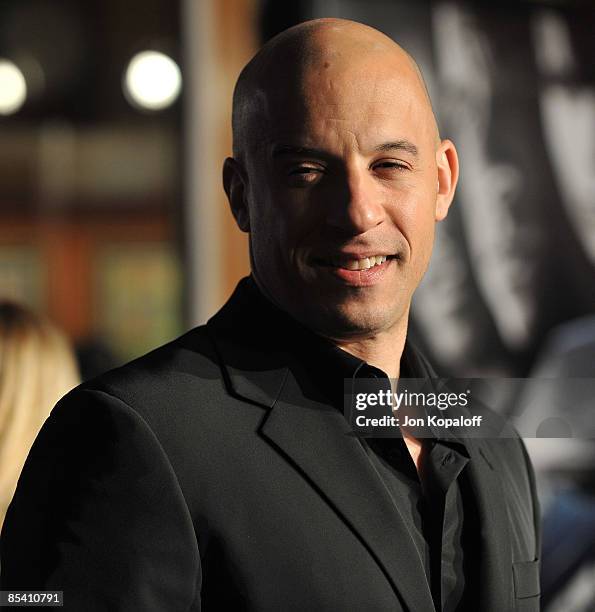 Actor Vin Diesel arrives at the Los Angeles Premiere "Fast & Furious" at the Gibson Amphitheatre on March 12, 2009 in Universal City, California.