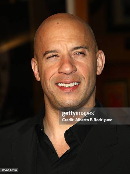 Actor Vin Diesel arrives at the Los Angeles premiere of Universal Studios' "Fast & Furious" at the Gibson Amphitheatre on March 12, 2009 in Universal...