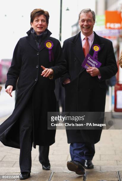 Prospective parliamentary candidate Diane James with party leader Nigel Farage on the hustings in Eastleigh, Hampshire where a by-election will be...