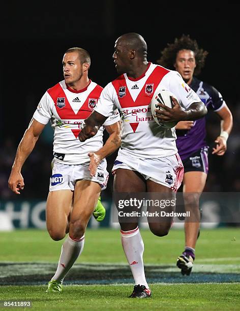 Wendell Sailor of the Dragons makes a break downfield during the round one NRL match between the Melbourne Storm and the St George Illawarra Dragons...